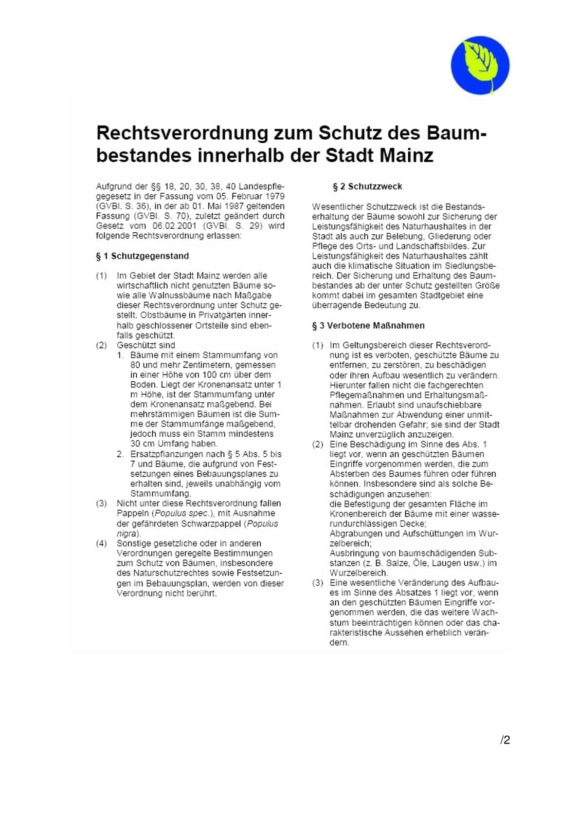 Baumschutzrechtsverordnung Mainz