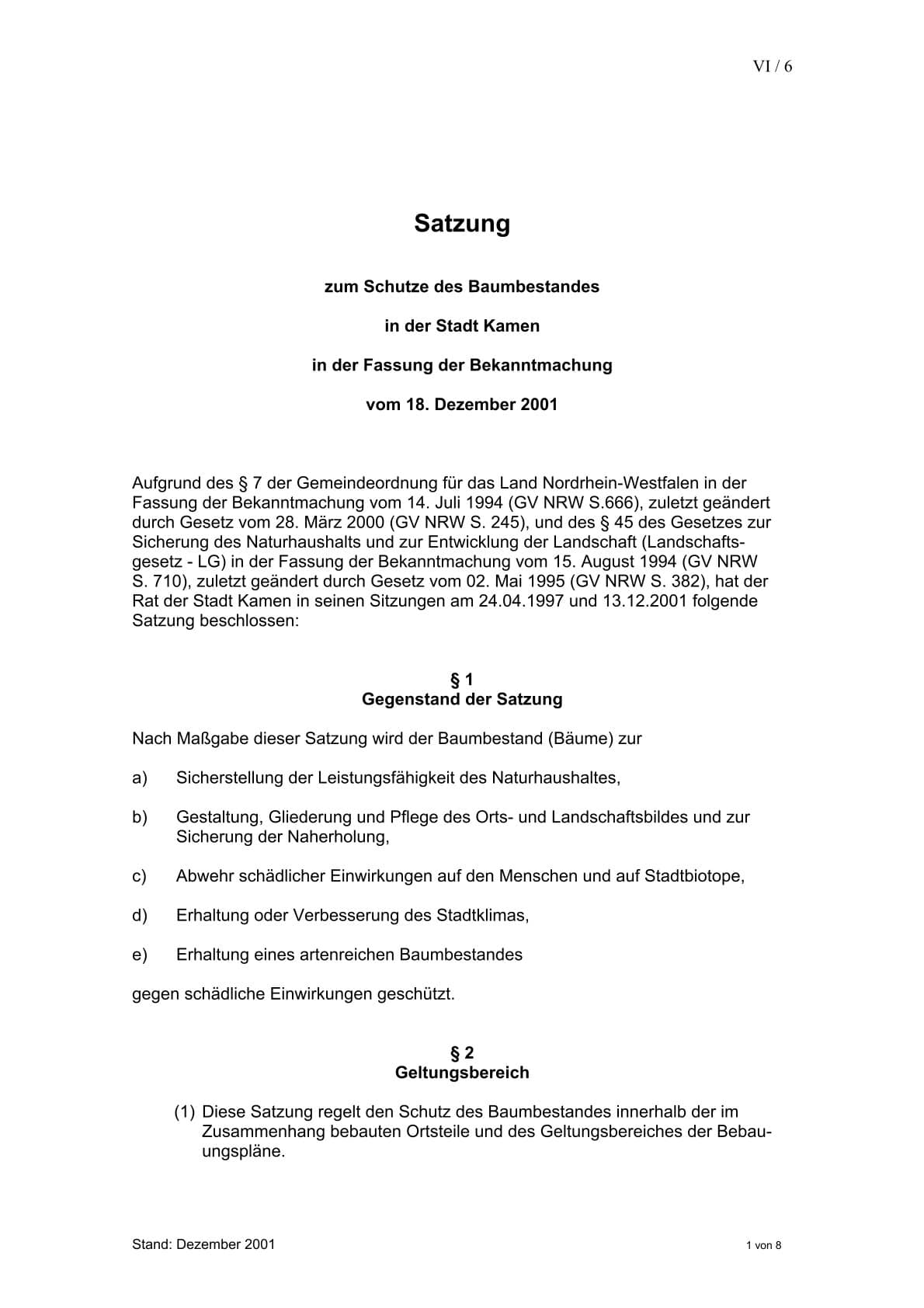 Baumschutzsatzung Kamen