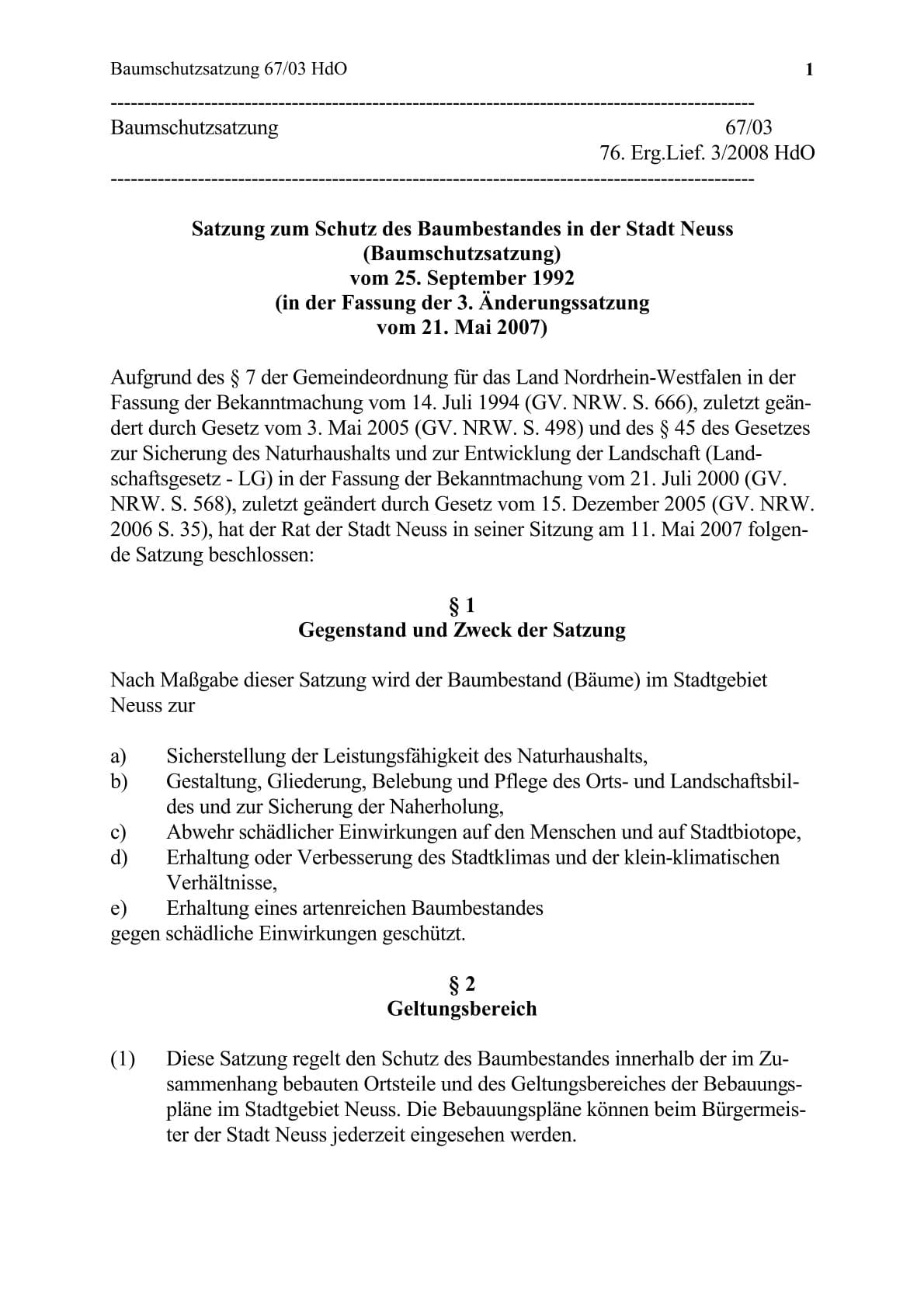 Baumschutzsatzung Neuss