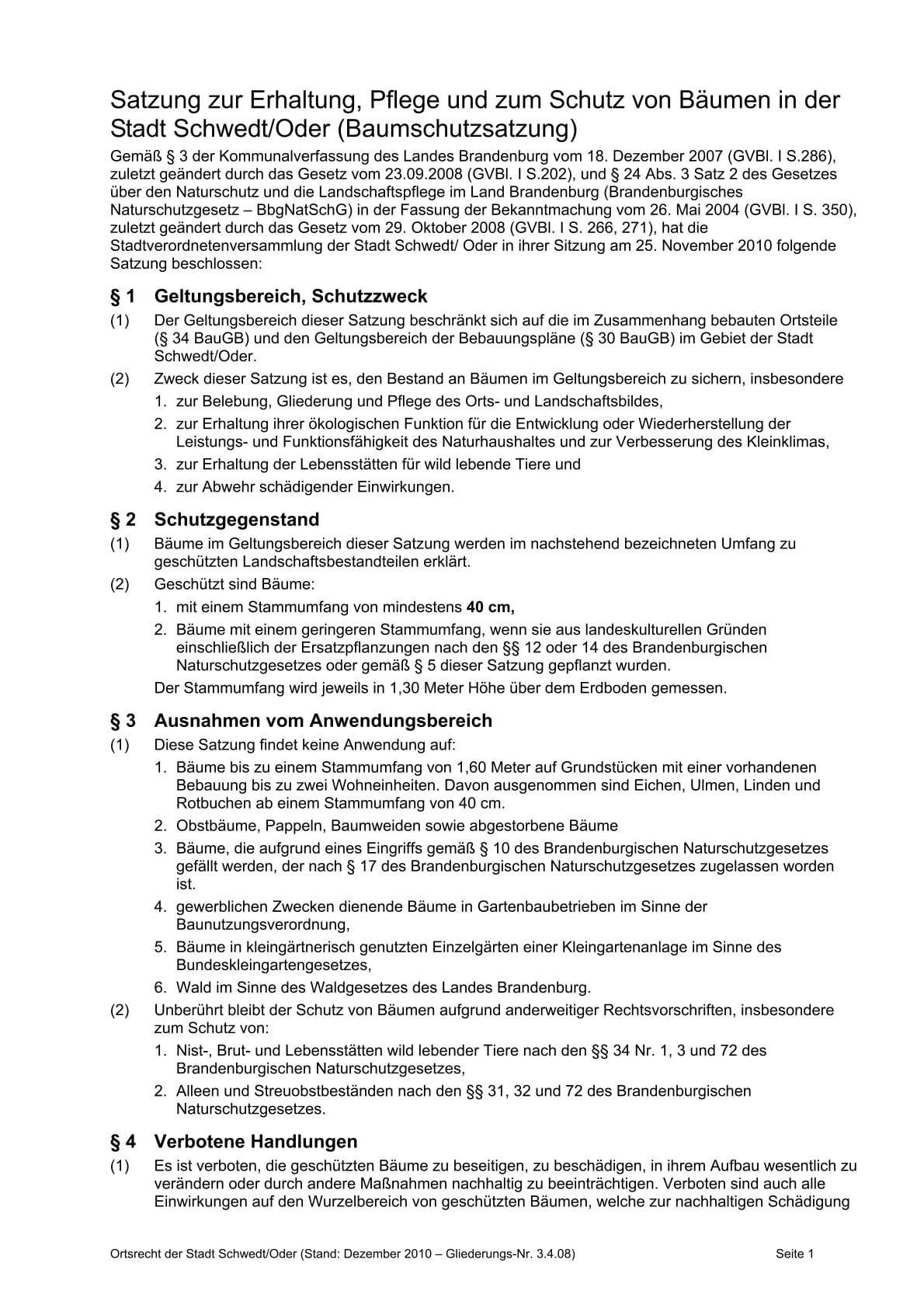 Baumschutzsatzung Schwedt (Oder)
