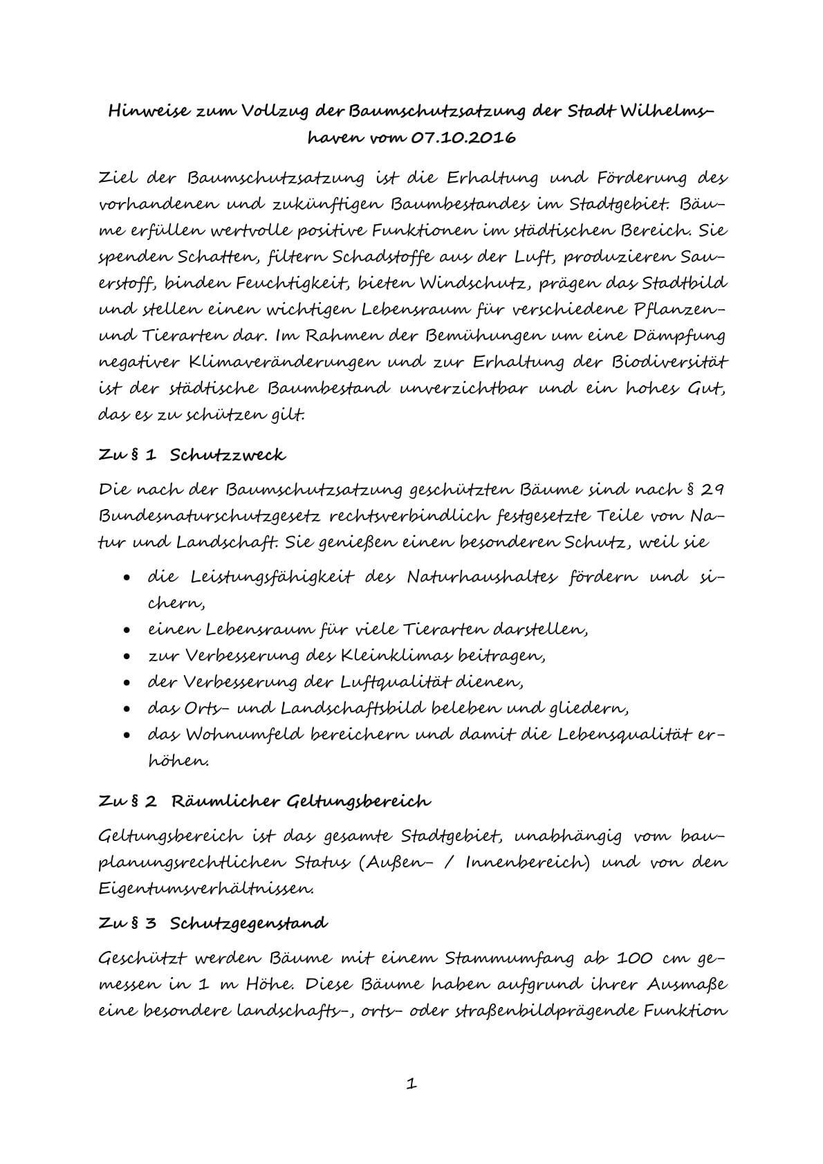 Baumschutzsatzung Wilhelmshaven - Hinweise zum Vollzug