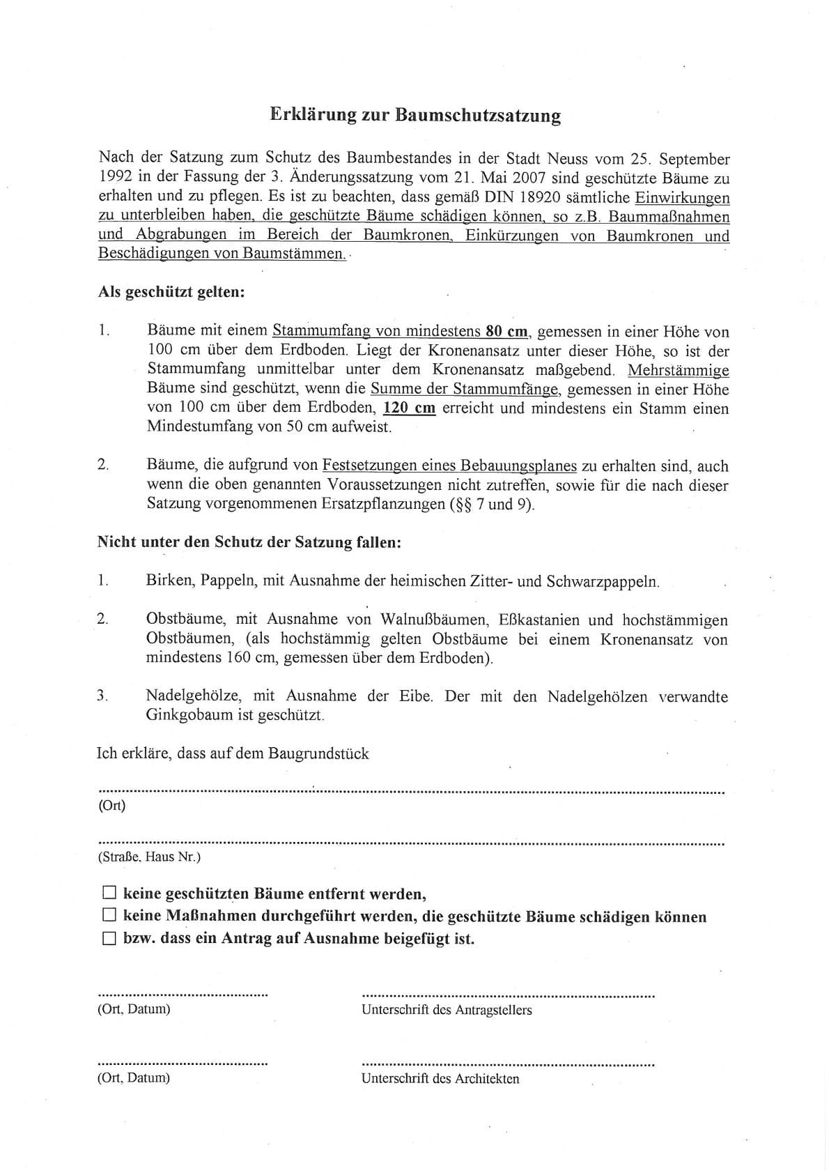 Erklärung zur Baumschutzsatzung Neuss