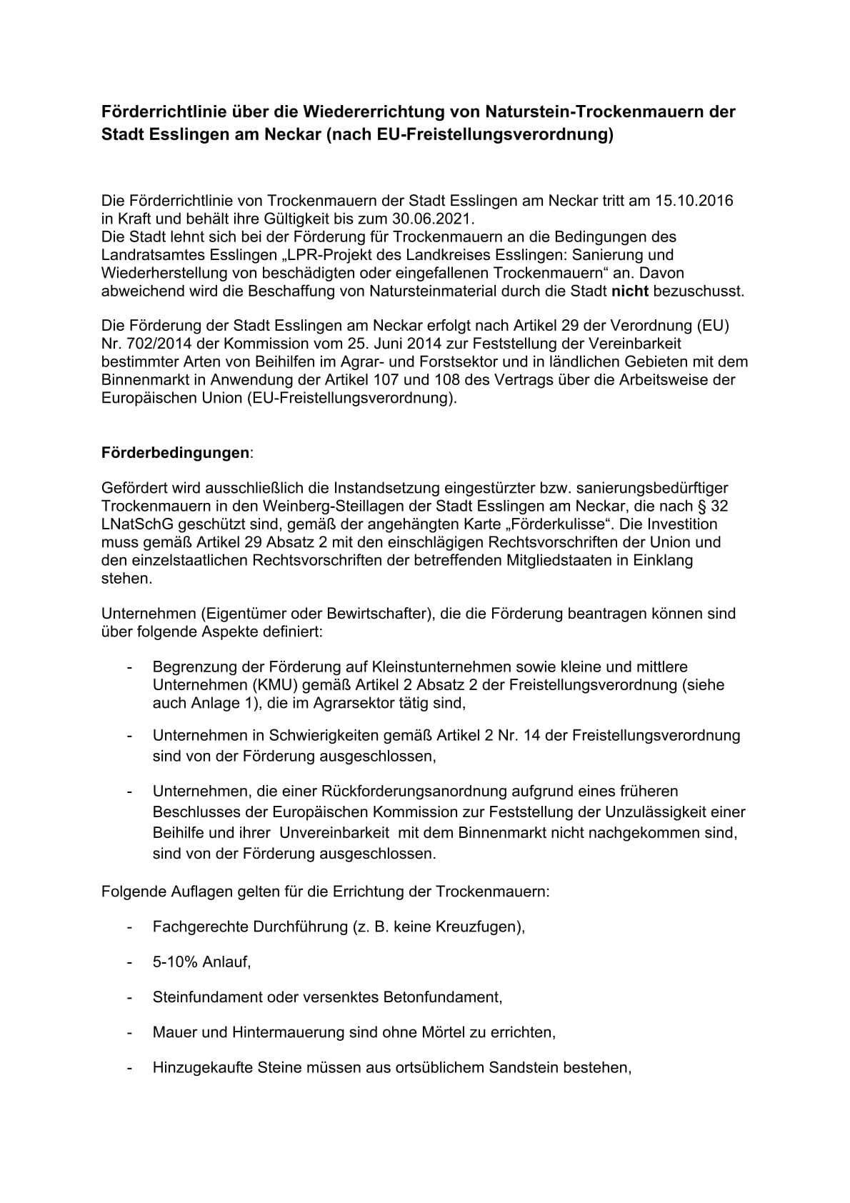 Förderrichtlinie über die Wiedererrichtung von Naturstein-Trockenmauern