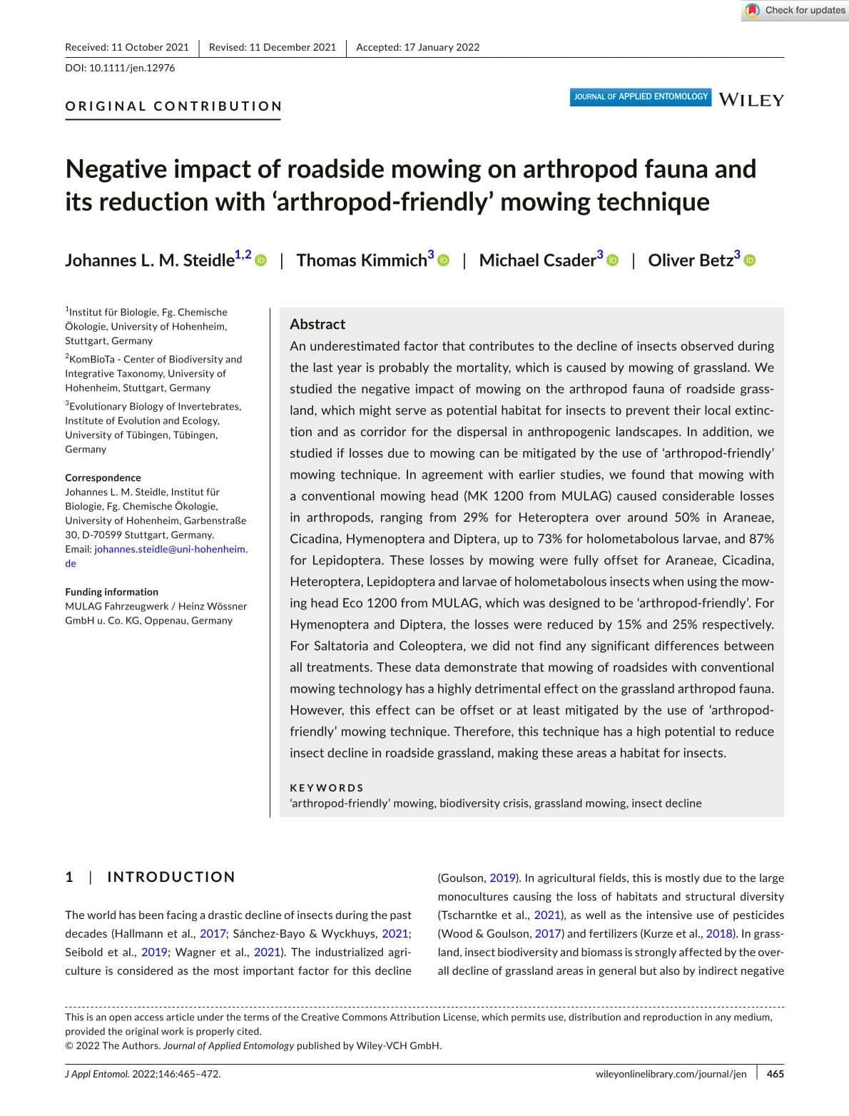 Negative impact of roadside mowing on arthropod fauna