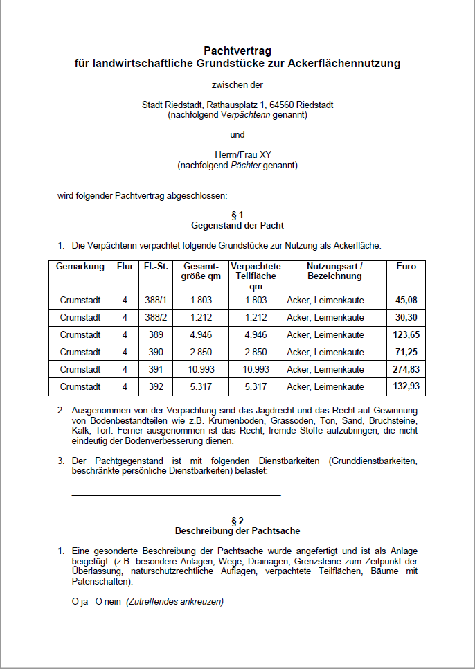 Pachtvertrag für landwirtschaftliche Grundstücke zur Ackerflächennutzung (Riedstadt)