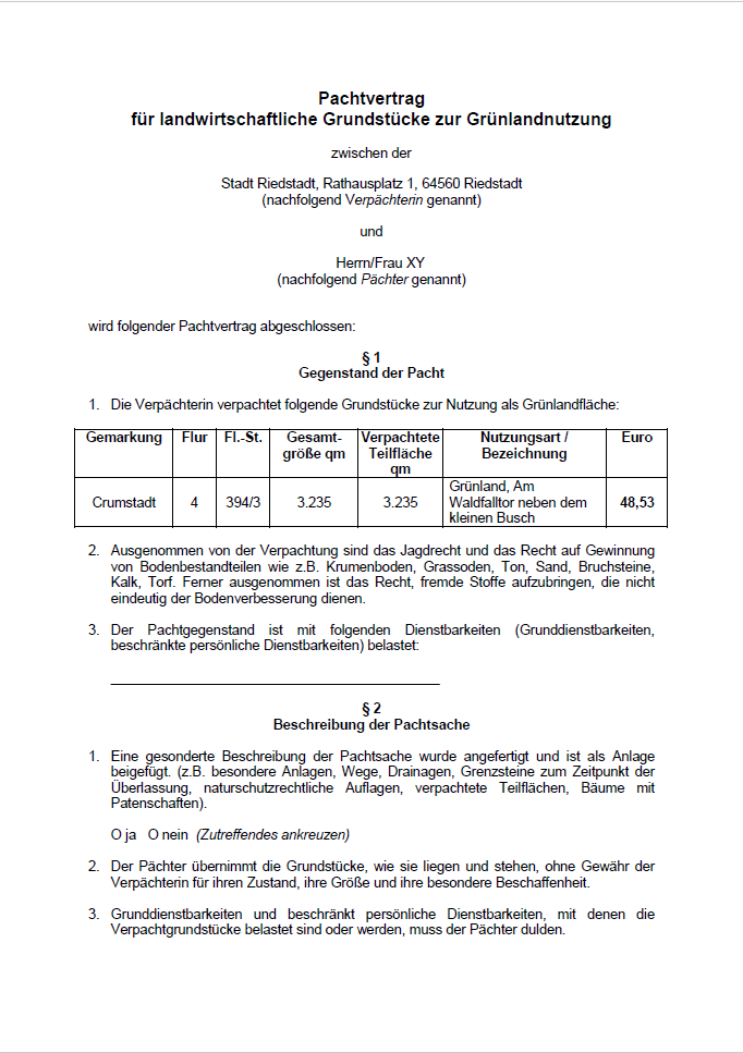 Pachtvertrag für landwirtschaftliche Grundstücke zur Grünlandnutzung (Riedstadt)