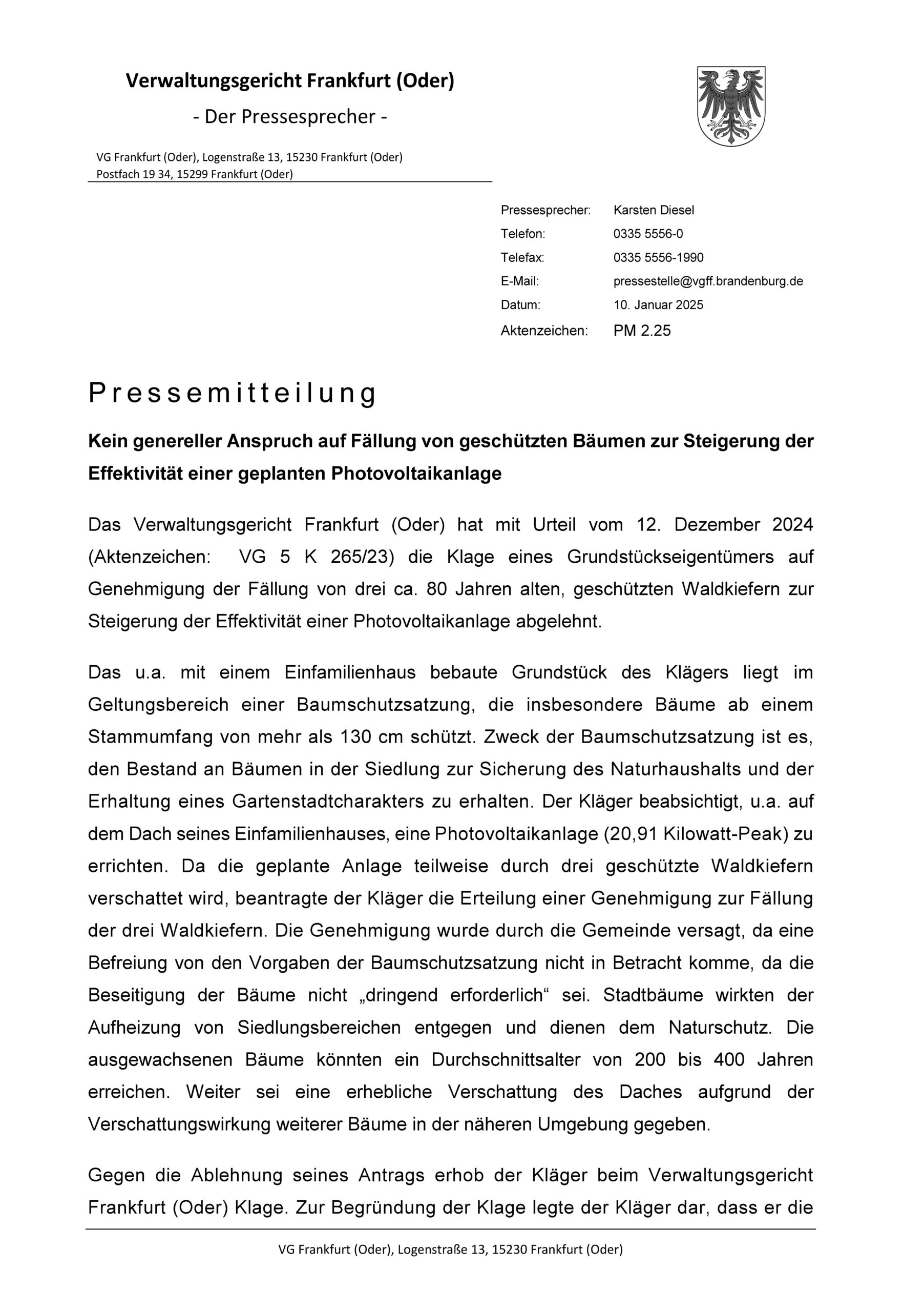 Urteil des Verwaltungsgerichts Frankfurt (Oder)