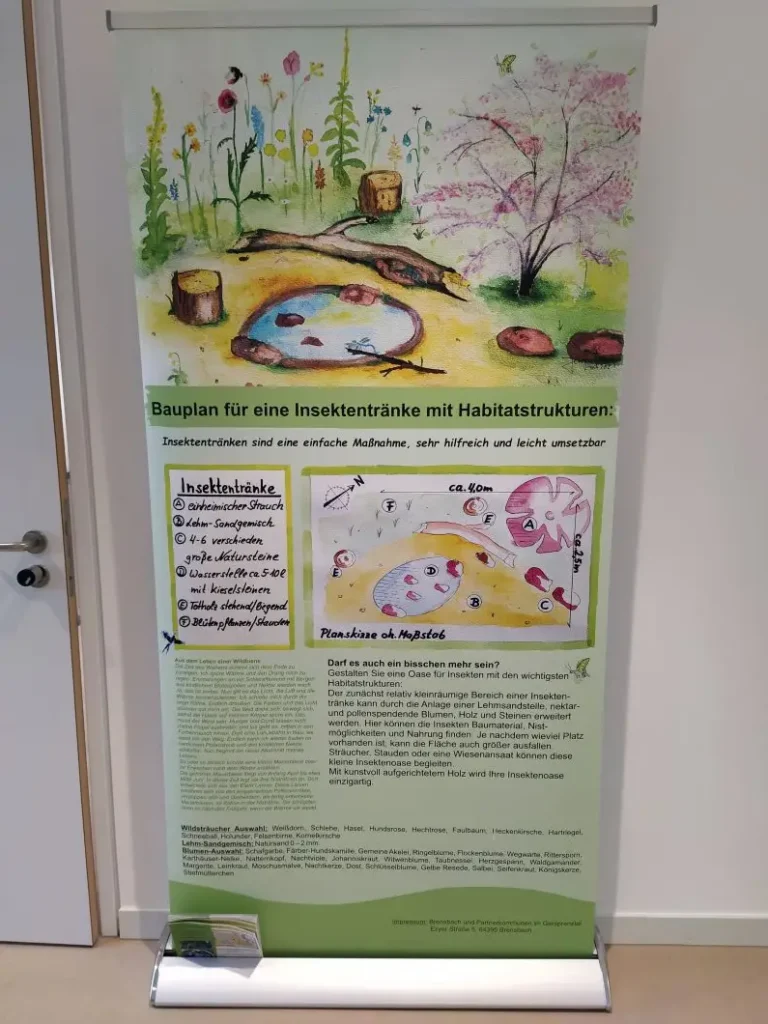 Kommunen für biologische Vielfalt - Praxisbeispiel - Gemeinde Brensbach – Insektentränken: 111 Wasserstellen für Insekten bauen und darüber sprechen3 - Roll-Up mit Bauplan für eine Insektentränke zur Nachahmung im eigenen Garten
