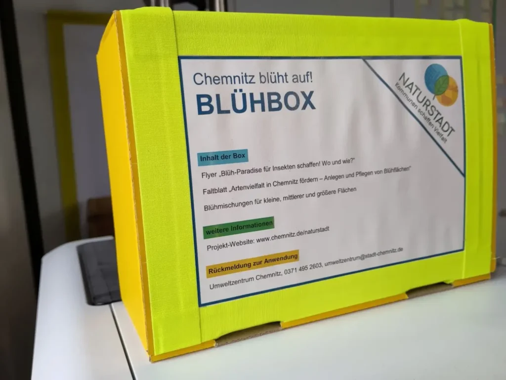 Kommunen für biologische Vielfalt - Praxisbeispiel - Stadt Chemnitz – Chemnitz blüht auf! Zielgruppengenaue Hilfestellung zur erfolgreichen Entwicklung von Blühflächen unter Nutzung von gebietsheimischem Saatgut1 - Blühbox