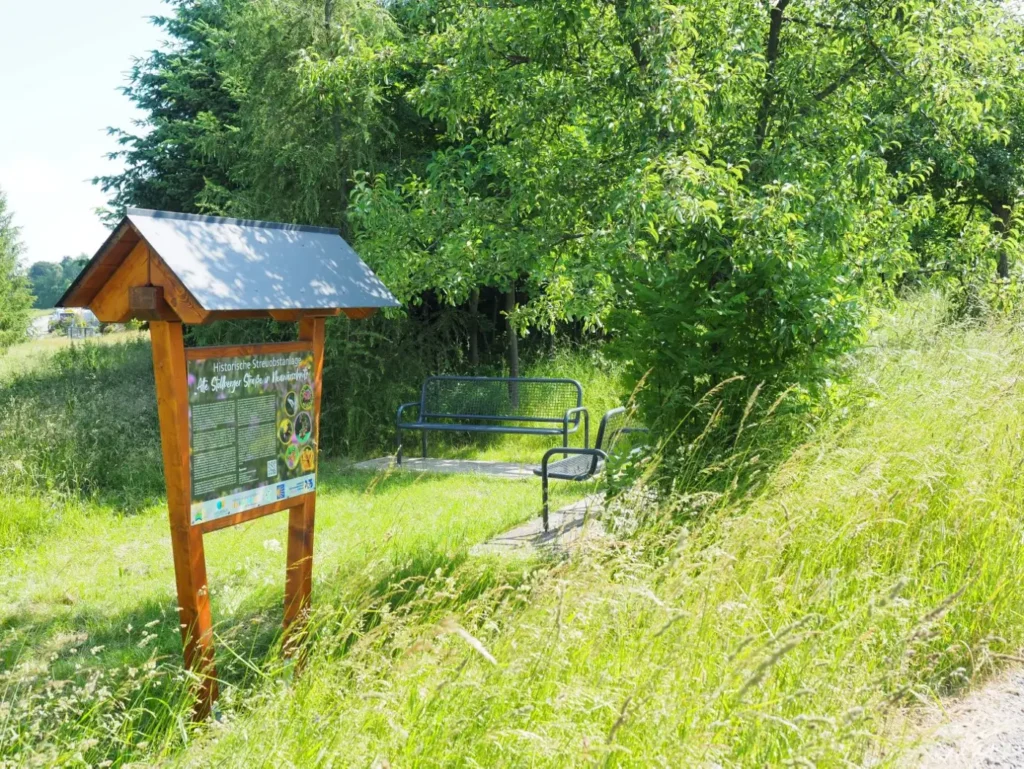 Kommunen für biologische Vielfalt - Praxisbeispiel - Stadt Oelsnitz – Streuobstkindergarten3 - Streuobstallee mit Sitzgelegenheit und Infoschild